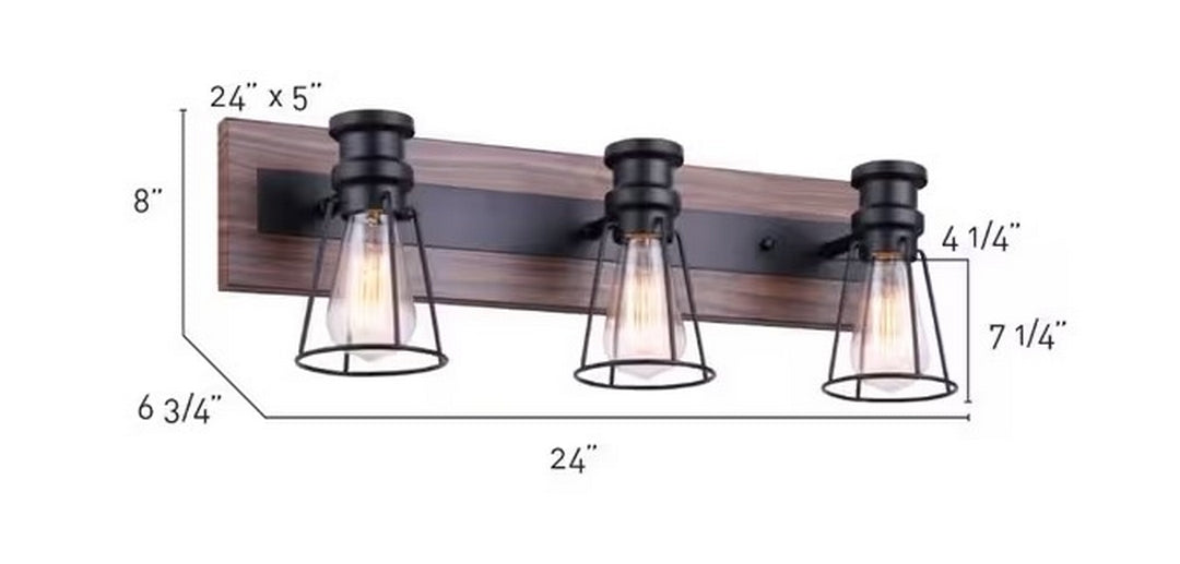 Blake 3 Light Vanity Light Fixture - Matte Black & Faux Wood *STORE DISPLAY*