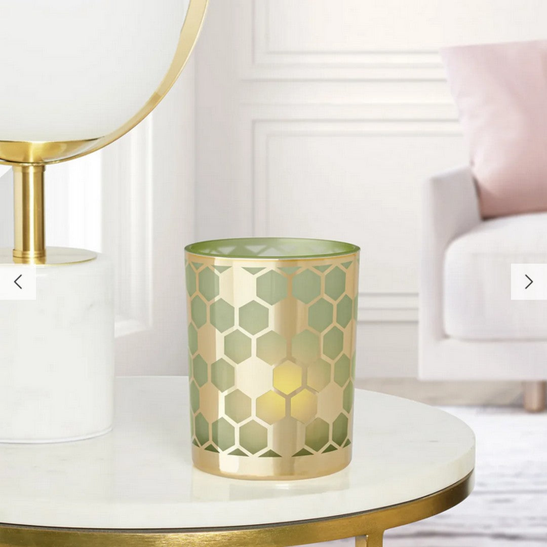 Honeycomb Gold Mirror 4x5" Glass Hurricane Vase - Green