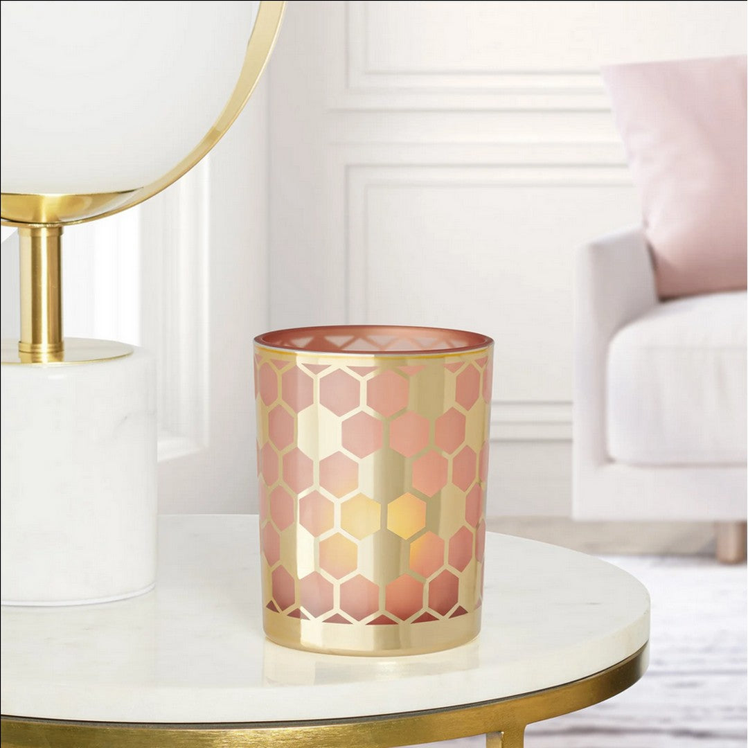 Honeycomb Gold Mirror 4x5" Glass Hurricane Vase - Pink