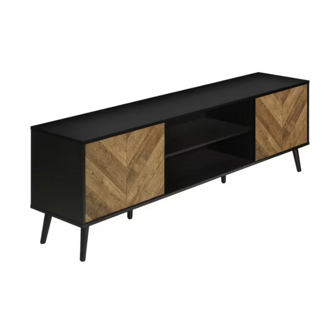 Mid Century TV Stand with 2 Wood-Look Doors - Black
