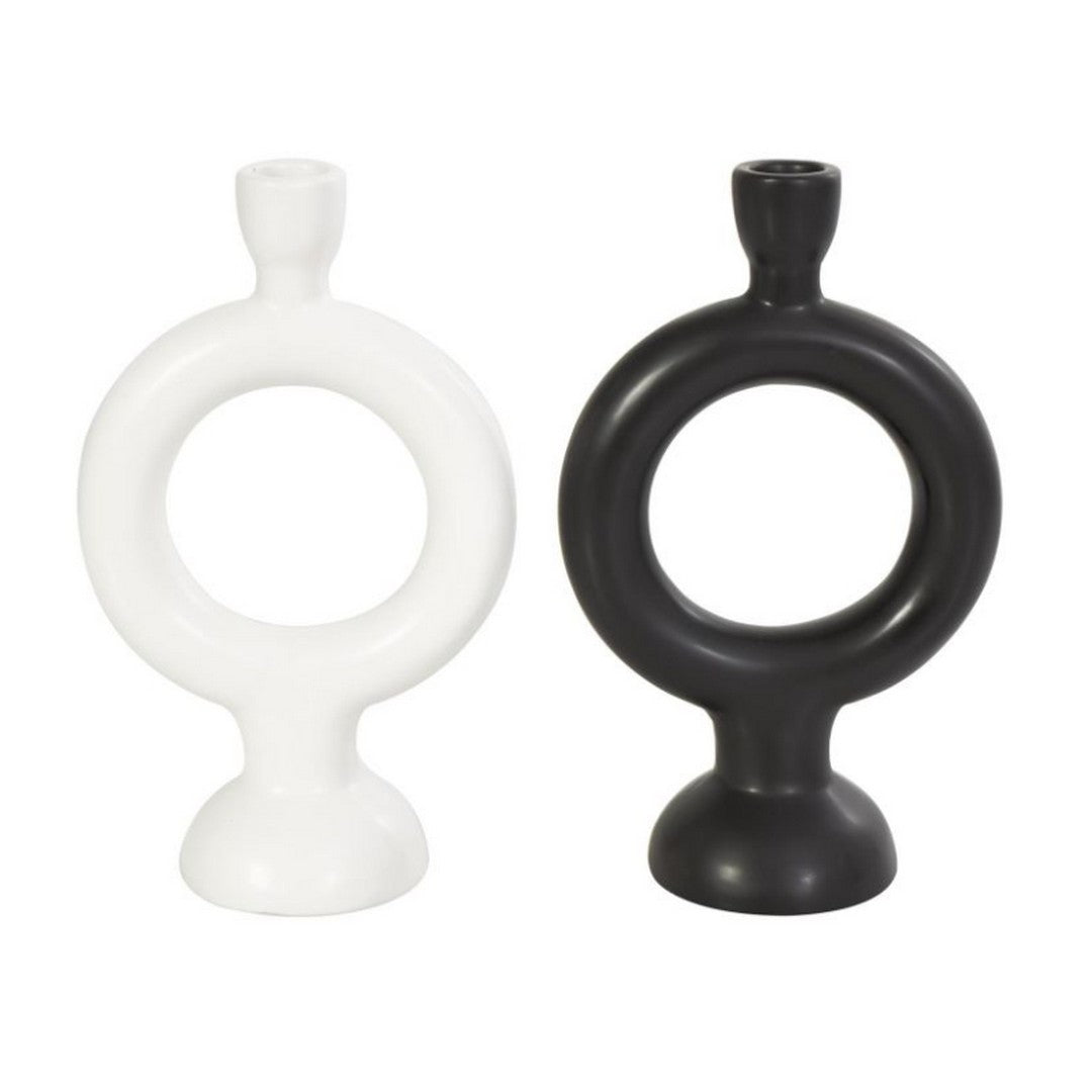 Black Ceramic Geometric Ring Decorative Candle Holder, Set of 2