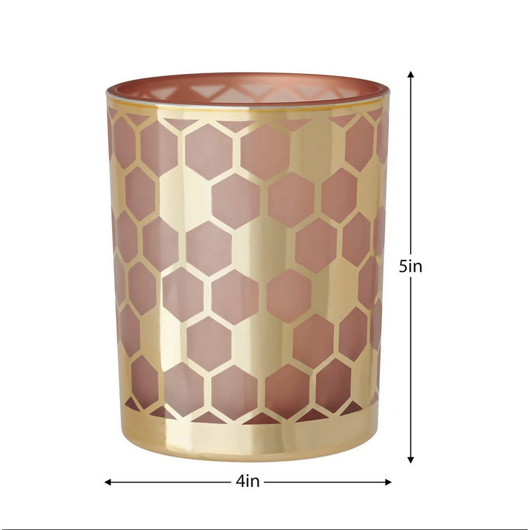 Honeycomb Gold Mirror 4x5" Glass Hurricane Vase - Pink