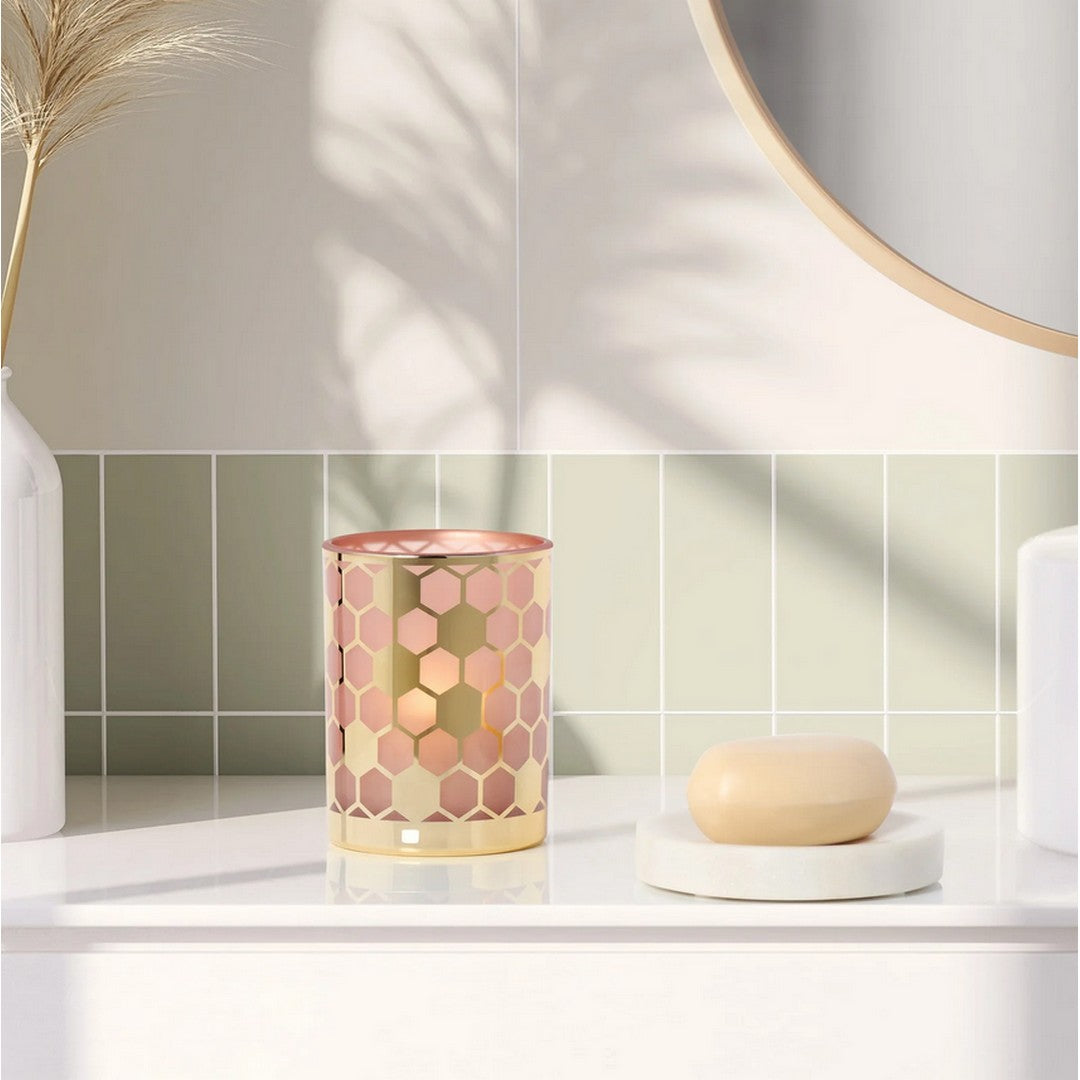 Honeycomb Gold Mirror 4x5" Glass Hurricane Vase - Pink