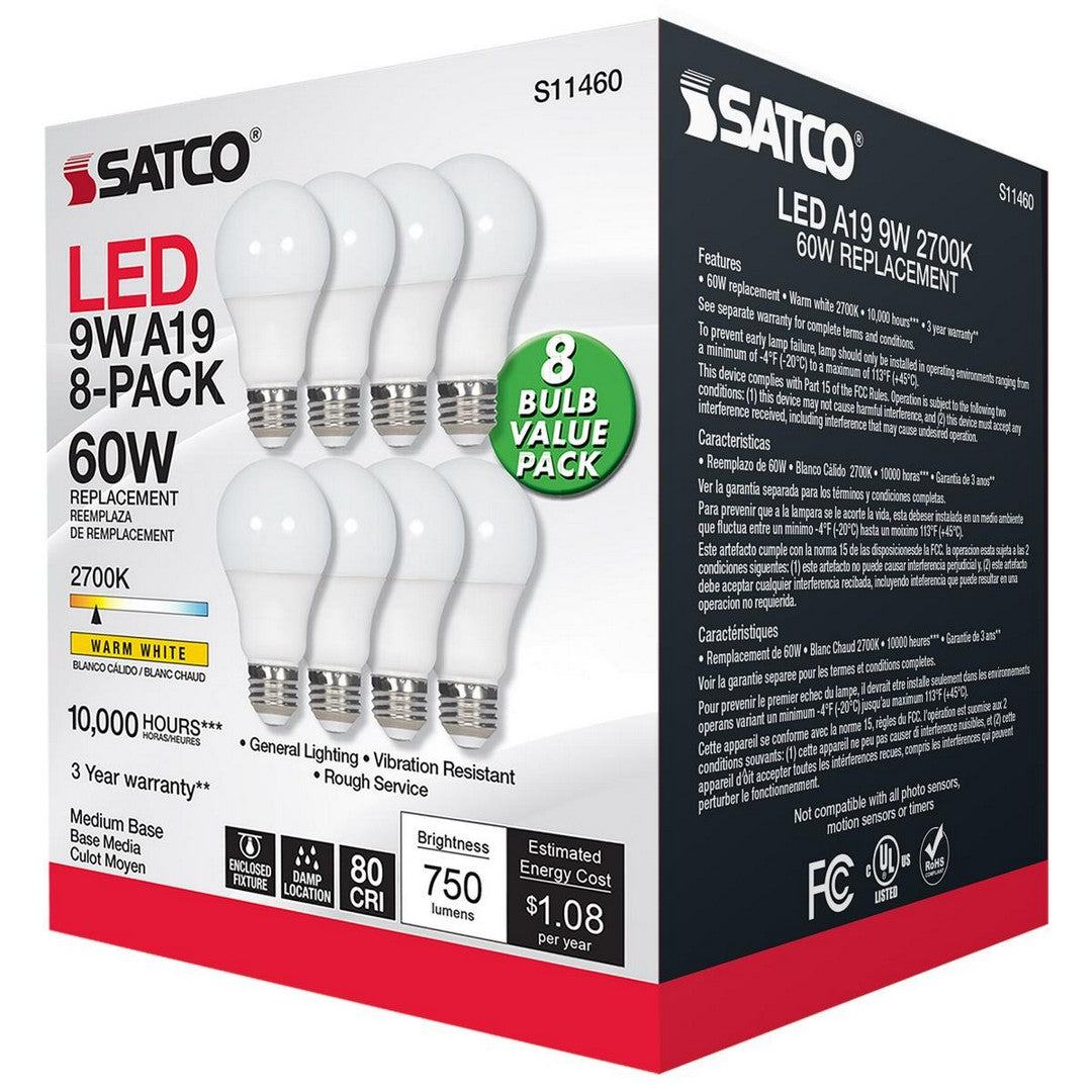 9W 2700K A19/LED/120V/8PK