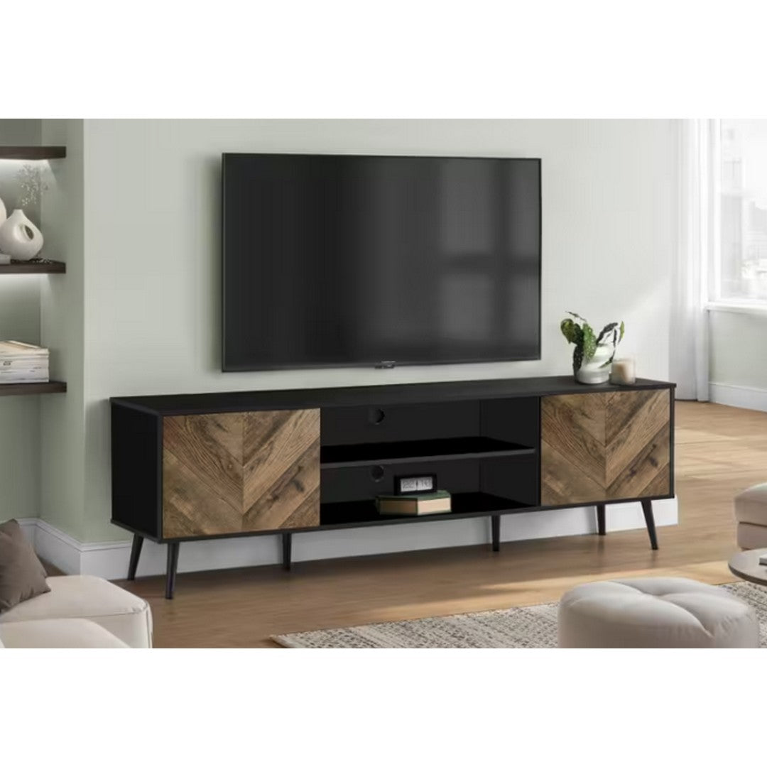 Mid Century TV Stand with 2 Wood-Look Doors - Black